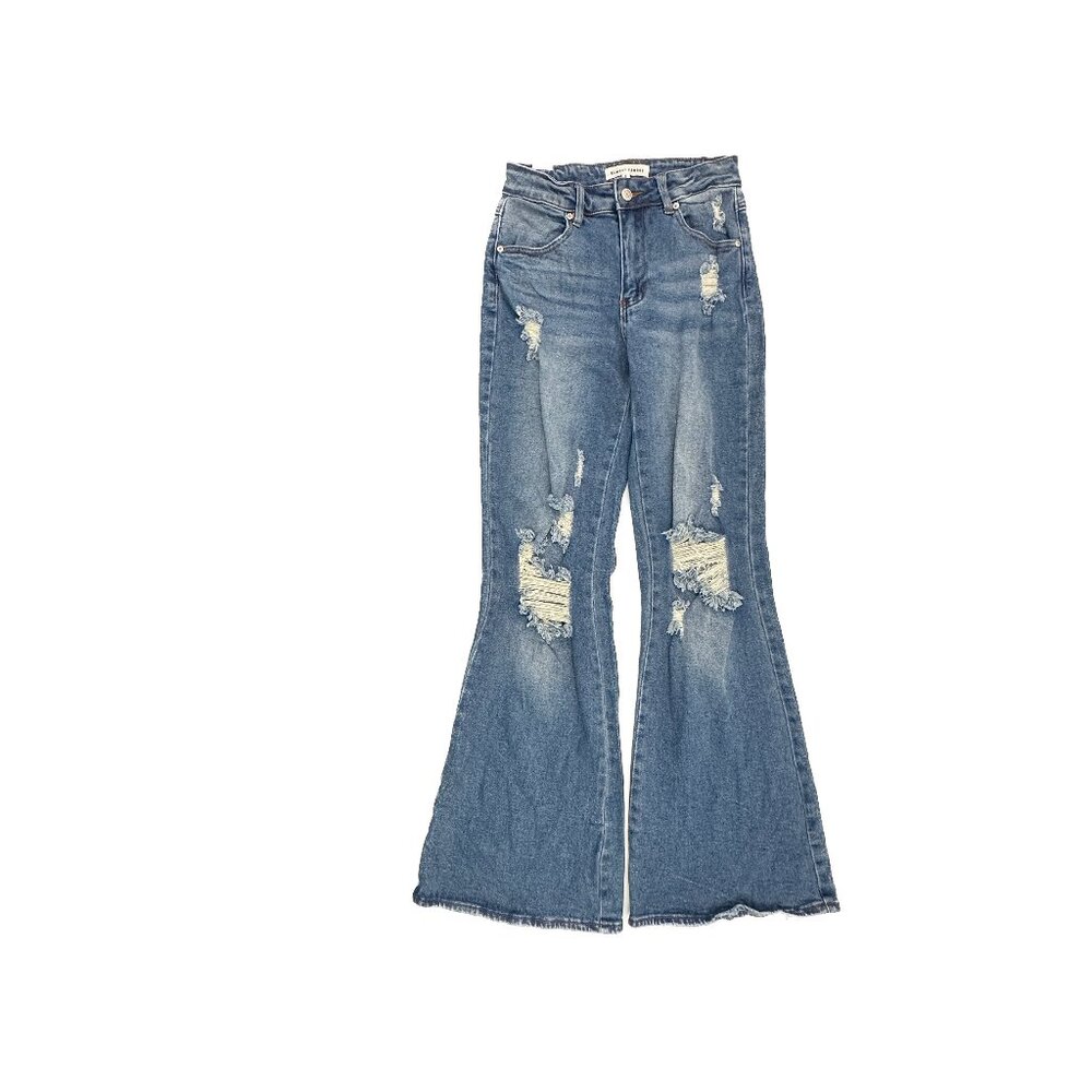 Almost Famous Flare Distressed Women's size 0 Dark Wash Blue Denim jeans Great